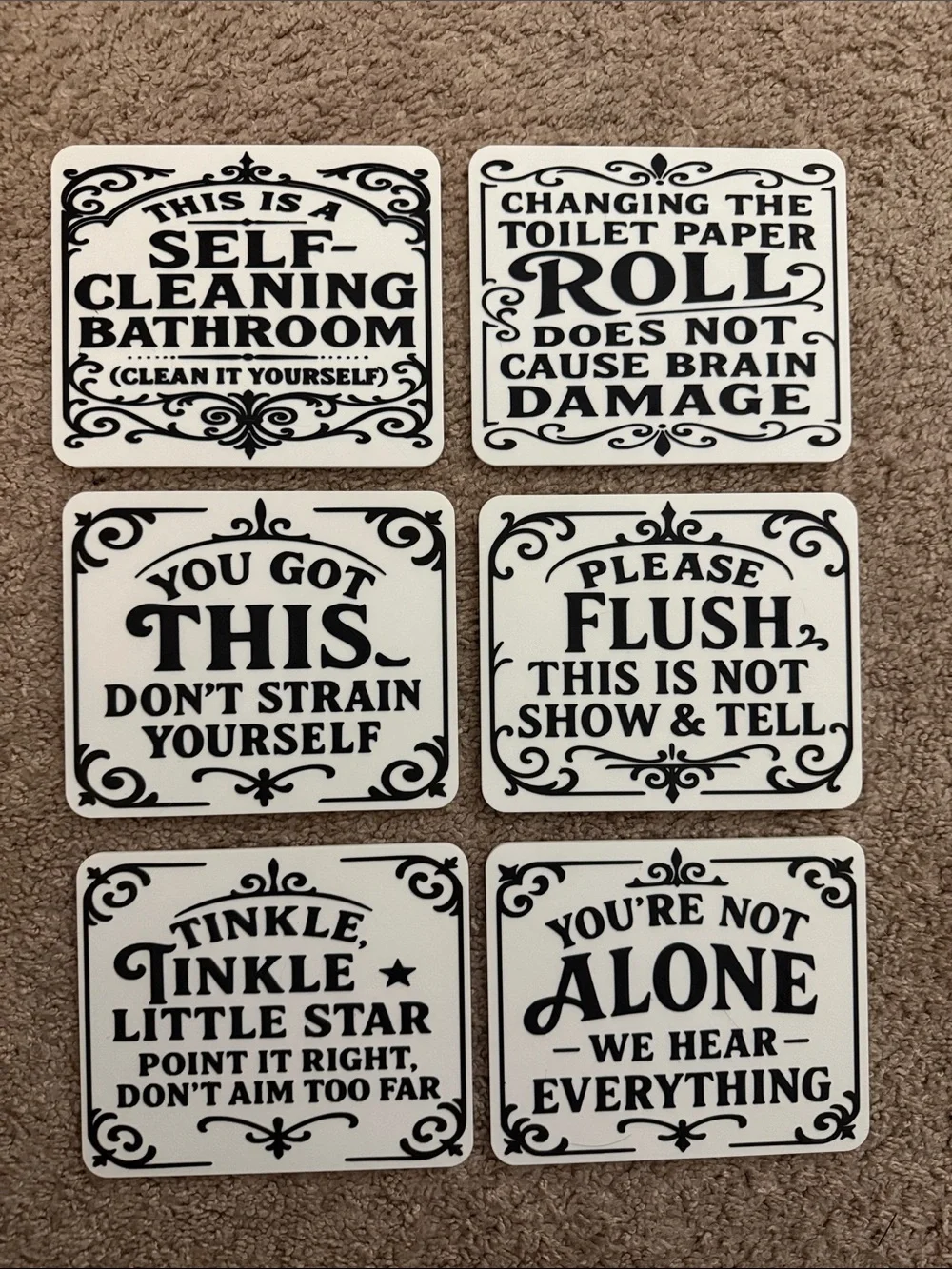 Black & White Bathroom Quote Coasters - Set of 6